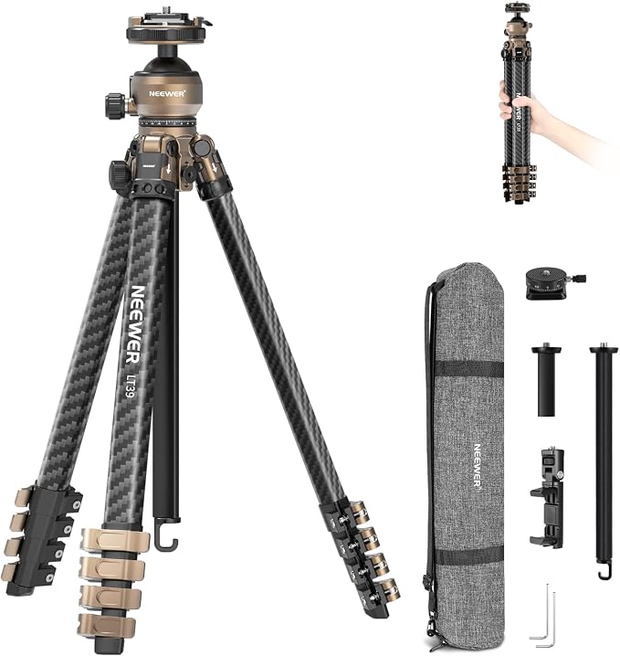 NEEWER LITETRIP Carbon Fiber Travel Tripod with Pan Tilt Low Profile Ball Head,62.4" DSLR Camera Phone Holder Stand Compatible with PD V3 Plates iPhone, 2 Center Columns,Max Load 22 lb, LT39 by Neewer