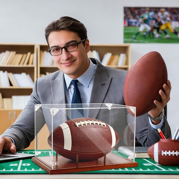 Clear Acrylic Football Display Case with Wood Base & Tee, Memorabilia Stand Cube Holder, Dust Protection Transparent Storage Box for Single Ball Souvenir Football Collections - Image 5