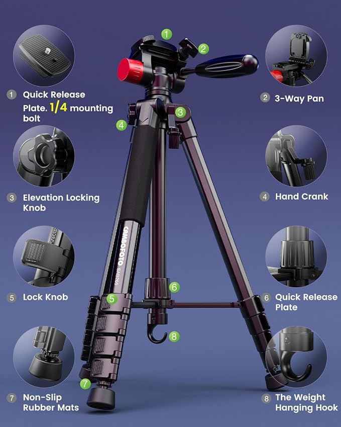 CAMBOFOTO 74"-Camera-Tripod, Porfessional Aluminum Heavy Duty Tripod Stand for Mirrorless Camera/DSLR/Cell Phone/Camcorder, with Holder and Travel Bag | Heavy‐Duty Tripod Stand for DSLR & Mirrorless Cameras/Smartphones/GoPro, with 360° Pan Head/Phone M... - Image 6