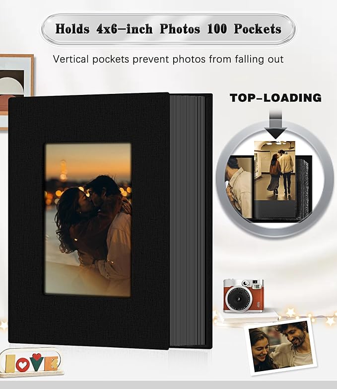 Ejblfe Photo Album 4x6,Linen Cover Slide-in Photo Album Book Can Holds 100 4x6 Photos with 50 Black Sheets for Family,Wedding,Baby and Holiday Pictures (Black) - Image 3
