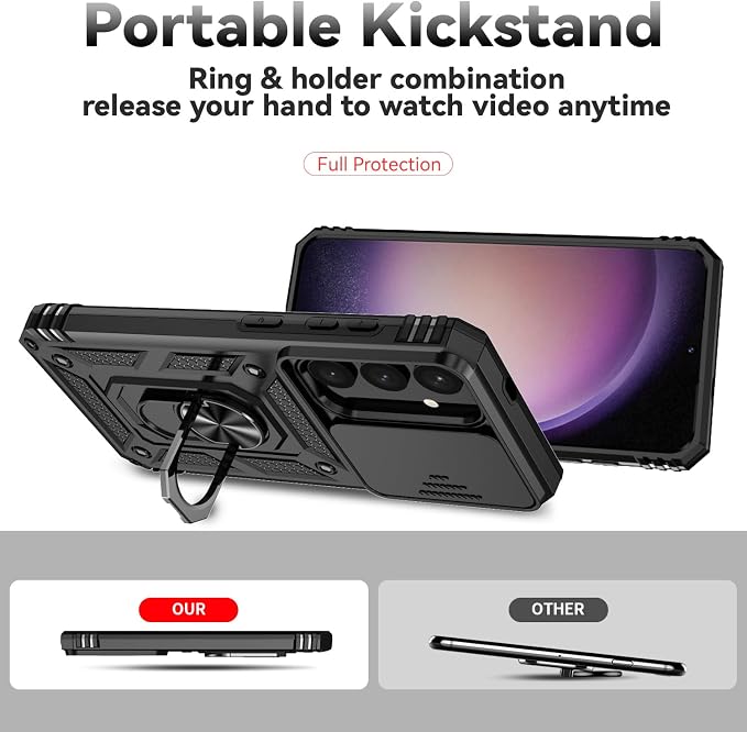 for Samsung Galaxy S24 Plus Case with Camera Lens Cover HD Screen Protector, Military-Grade Drop Tested Magnetic Ring Holder Kickstand Protective Phone Case for Samsung Galaxy S24 Plus (Black) - Image 7