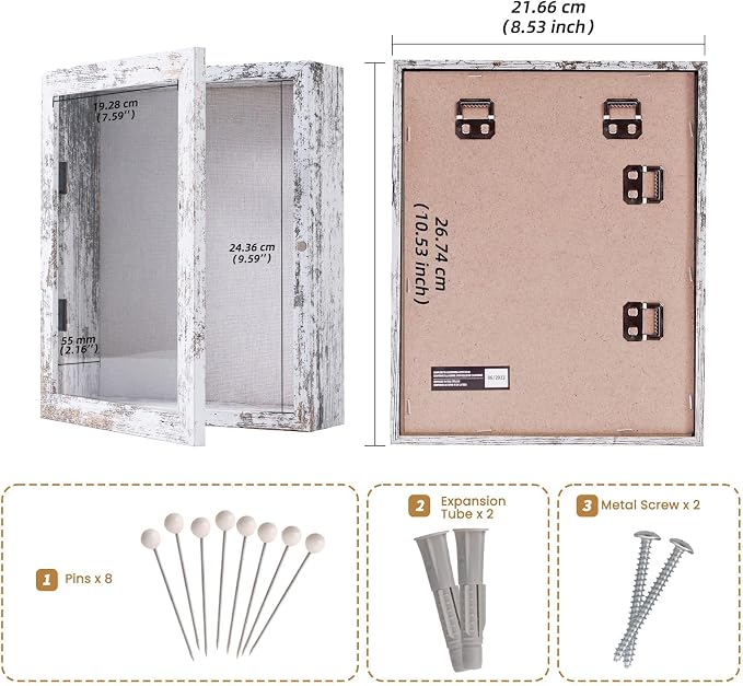 Muzilife 8x10 Shadow Box Picture Frame, 2.16 Deep, Real Glass, Rustic White | FSC-Wood, Magnetic Door, Linen Interior & Pins, Vertical, Horizontal Wall Hanging, Display Case Frame for Photos & Keepsakes - Image 3