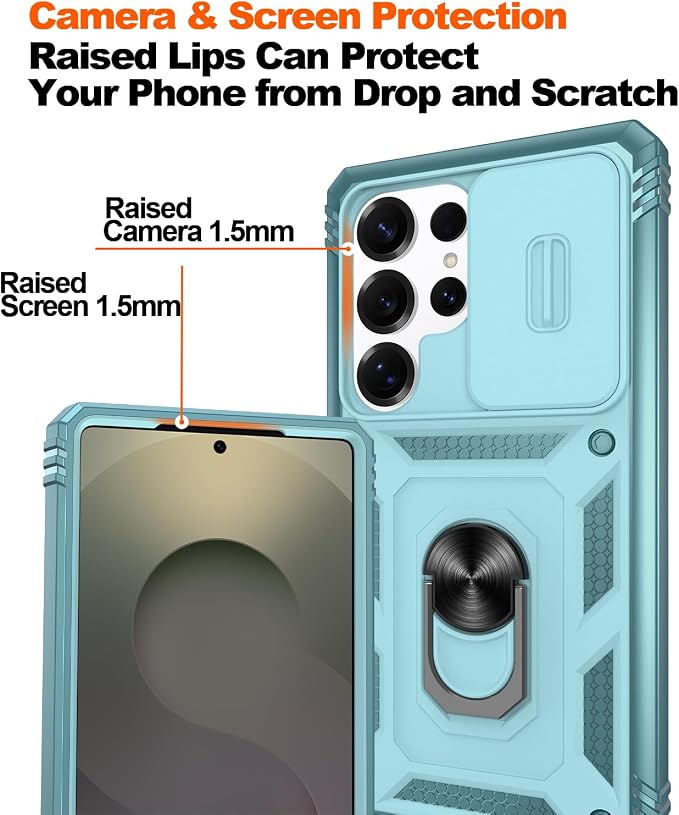 Gritup Fit for Samsung Galaxy S25 Ultra Case with Slide Camera Cover | 2 Pcs Screen Protector, Build in 360° Rotating Ring Kickstand, Military Grade Protective Phone Case, Green - Image 5