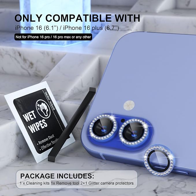 Choiche for iPhone 16/16 Plus Camera Lens Protector, Diamond-Ultramarine | Ultra HD, Bling 9H Tempered Glass Camera Cover Screen Protector Metal Individual Ring Accessories, 2-Lens, 6.1/6.7-inch - Image 2