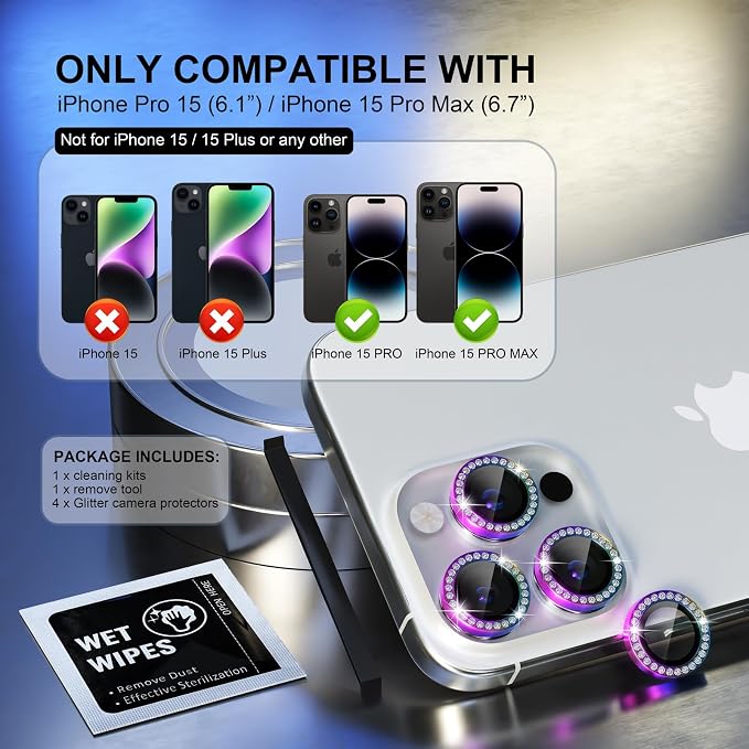 Choiche for iPhone 15 Pro/iPhone 15 Pro Max Camera Lens Protector | Ultra HD, Bling 9H Tempered Glass Camera Cover Screen Protector Metal Ring Decoration Accessories (Diamond-Colorful) - Image 2