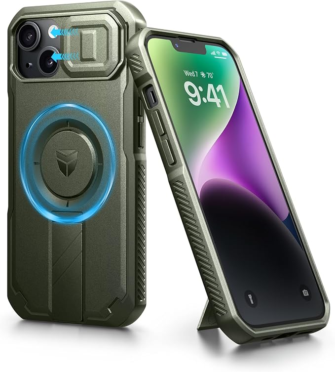 Dexnor for iPhone 13/14 Case with Slide Camera Cover & Adjustable Kickstand, Compatible with MagSafe, Rugged Shockproof Bumper Cases Heavy-Duty Magnetic Protective Cover,6.1 inch,Army Green by Dexnor