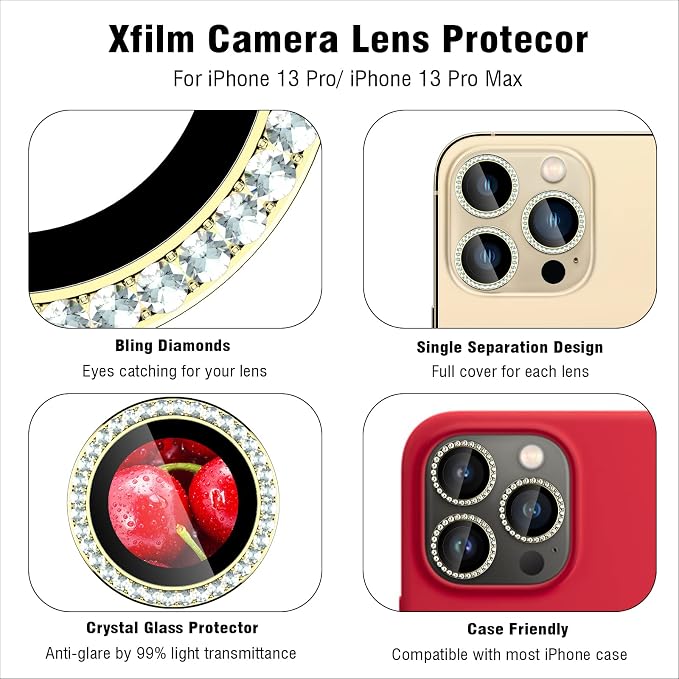 iPhone 13 Pro/13 Pro Max Camera Lens Protector Bling Diamond, Gold | Individual Metal, 9H Hardness, Scratch Resistant, Shockproof, Drop Protection, Case Friendly, Stylish Accessories - Image 3