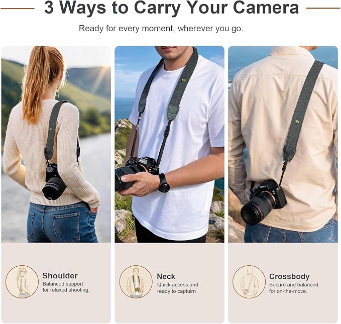 Camera Strap, Adjustable Neck & Shoulder Strap with Quick Release Buckles | Comfortable Cotton-Feel Black Herringbone Strap with 4 Quick Release Buckles, DSLR, Mirrorless Camera & Camcorder Compatible - Image 7