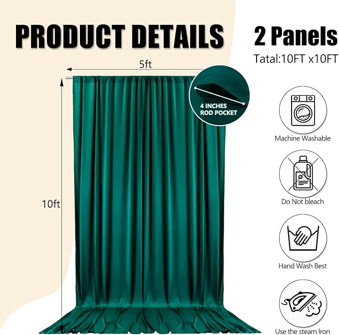 10ft x 10ft Dark Green Backdrop Curtains for Parties, Polyester Fabric Backdrop Drapes with Rod Pockets for Weddings, Birthday, Halloween, Photography, Christmas Party Background Curtain, 2 Panels - Image 2