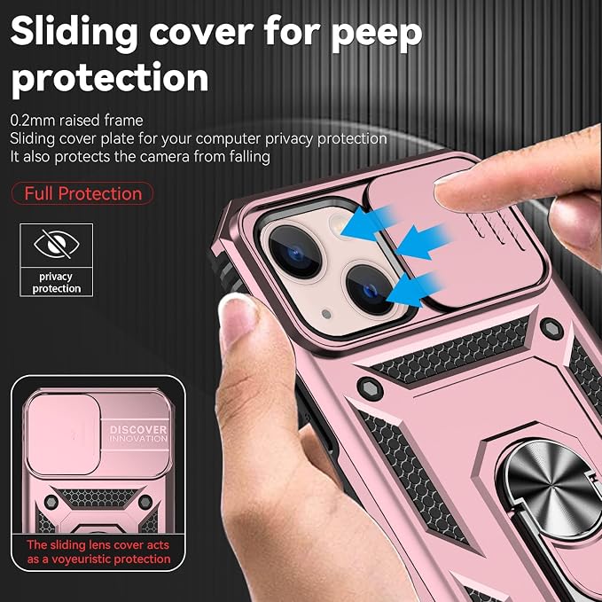 HNHYGETE for iPhone 13 Case with HD Screen Protector: [Military Grade 20ft. Drop Tested] Slide Camera Cover Ring Shockproof Protective Phone Case for - iPhone 13 (Rose Gold) - Image 4