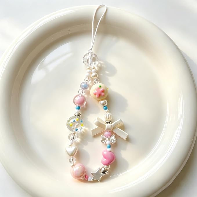2 Pcs Phone Charm Strap Hand Wrist Strap Camera Lanyard Pearl Beaded Cute Chain String Accessories Universal for iPhone 17 Pro Max 16 15 for Samsung Women Girls Keychain Bag Pink Flower and Bows Heart - Image 7