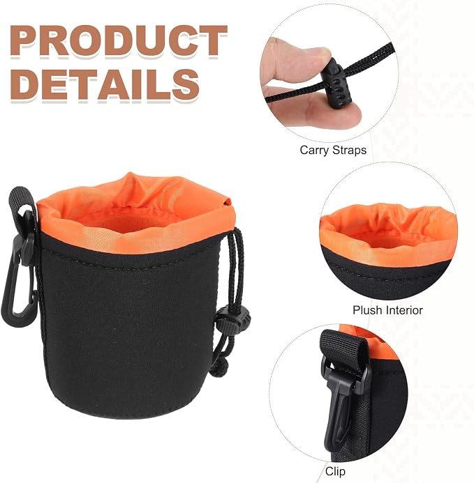 PATIKIL Camera Lens Pouch, 3" ID x 4" H Drawstring Plush Lens Pouch Protective Camera Lens Case Bag Soft Plush Neoprene Bag for DSLR Photography Gear, Black/Orange - Image 3