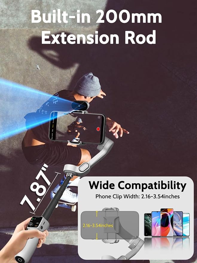 AOCHUAN Gimbal Stabilizer for iPhone with AI Module, No APP(Smart V8 AI) | Phone Gimbal with Face Tracking, Built-in 7.8 Ft Extension Rod, Ideal for Tiktok, and Hands-Free Content Creation(White) - Image 4