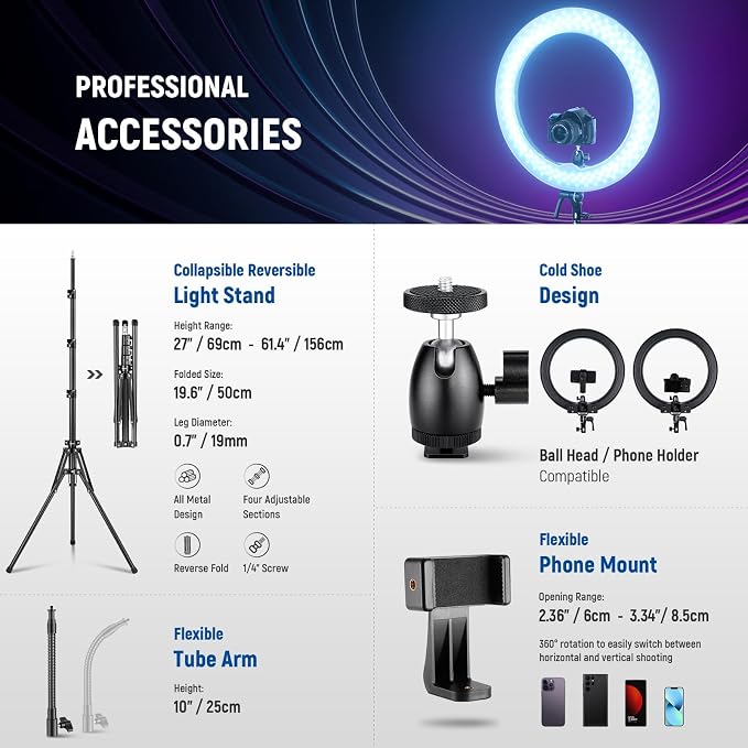 NEEWER 18 Inch RGB LED Ring Light APP Control with Tripod Stand and Phone HolderCompatible with iPhone for Selfie Makeup Lash Studio Streaming Video Recording Lighting, 42W Ringlight Dimmable,RGB18 II - Image 7
