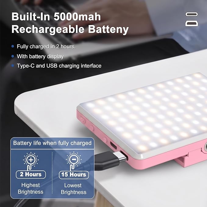 Selfie Light, Phone Light with Front & Back Clip, 60 LED Portable Light with 3 Modes, 5000mAh Rechargeable Video Light for Phone, iPhone, IPad, Laptop, TikTok, Makeup, Lighting Monolights(Pink) - Image 5