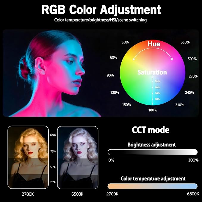 NiceVeedi 2-Pack RGB Photography Lighting with 20 Effects, 40W/360° Full Color/2700-6500K Studio Lights with Remote & Display, Video Light for Video Recording/Photography/Streaming/YouTube/TikTok - Image 3
