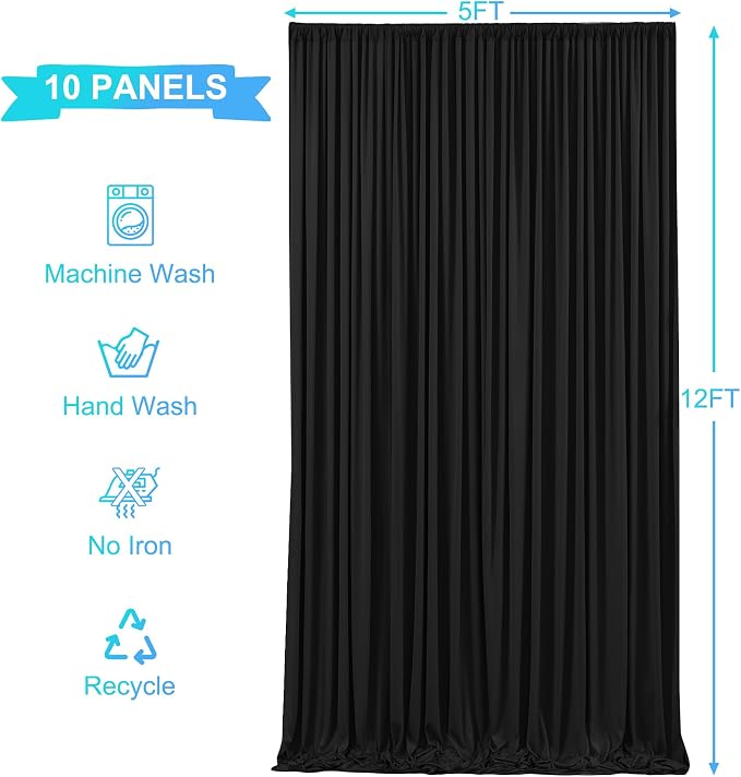 10 Panels Black Backdrop Curtains for Wedding Party Wrinkle Free Backdrops Curtain Drapes Fabric Decorations Photo Back Drop Cloth for Baby Shower Photography Stage Reception 50ft(W) x 12ft(H) - Image 6