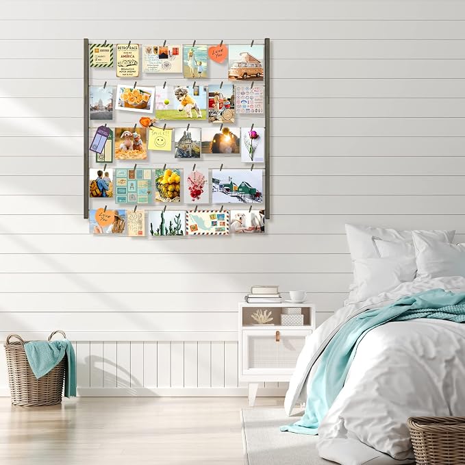 Love-KANKEI Wood Picture Frames Collage Wall Decor Display,30 Clips,26"×29" | 5 Adjustable Twines,Display Photos,Postcards,Art Prints,For Bedroom,Living Room,Offices,Dorm,Gallery,Gift,Weathered Grey - Image 3