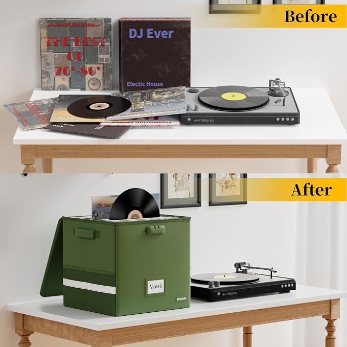 DocSafe Vinyl Record Storage Box with Lock, Fireproof＆Water Resistant Record Organizer for 100+ Single Records(12-inch), Collapsible Storage Crate with Lid&Handles for Valuable Album Collection,Green - Image 7