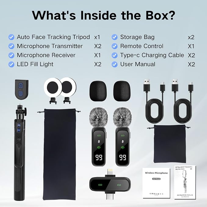 Content Creator Starter Kit,Vlogging Kit for iPhone/Android,70”Auto Face Tracking Tripod 360 Rotation with Light, Wireless Microphones,Selfie Stick Tripod for TikTok & YouTube Starter Kit - Image 6