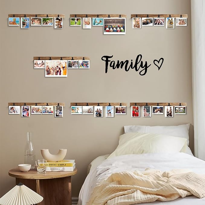 6 Wooden Wall Hanging Photo Frames With 27 Clips, Decorative Collage Picture Frame, No Drilling Required, Adhesive Stickers, Easy to Install, Carbonized Brown - Image 2
