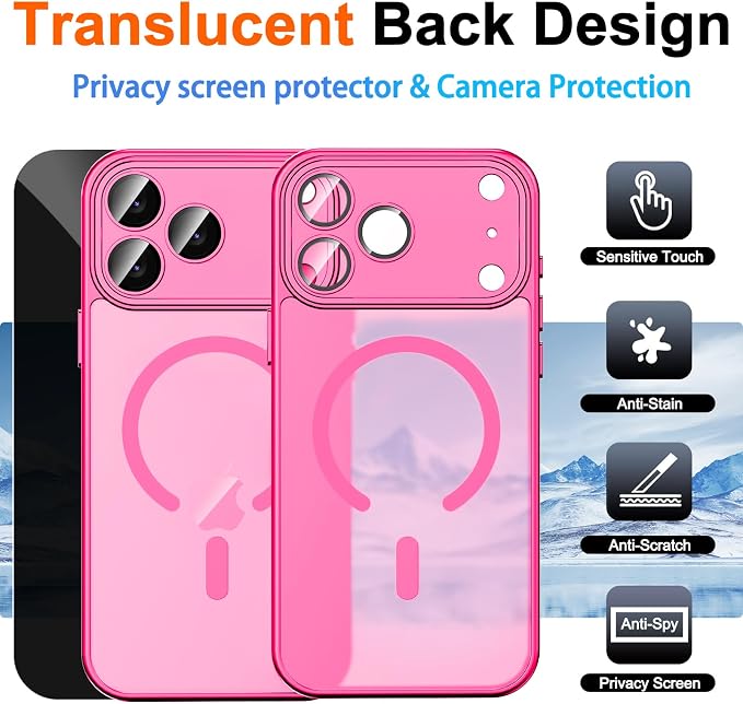 for iPhone 17 Pro Case with Privacy Screen Protector, Hot Pink | Full Camera Protection, Compatible with MagSafe, Magnetic Matte Shockproof Phone Cover for iPhone 17 Pro Women/Girls - Image 2