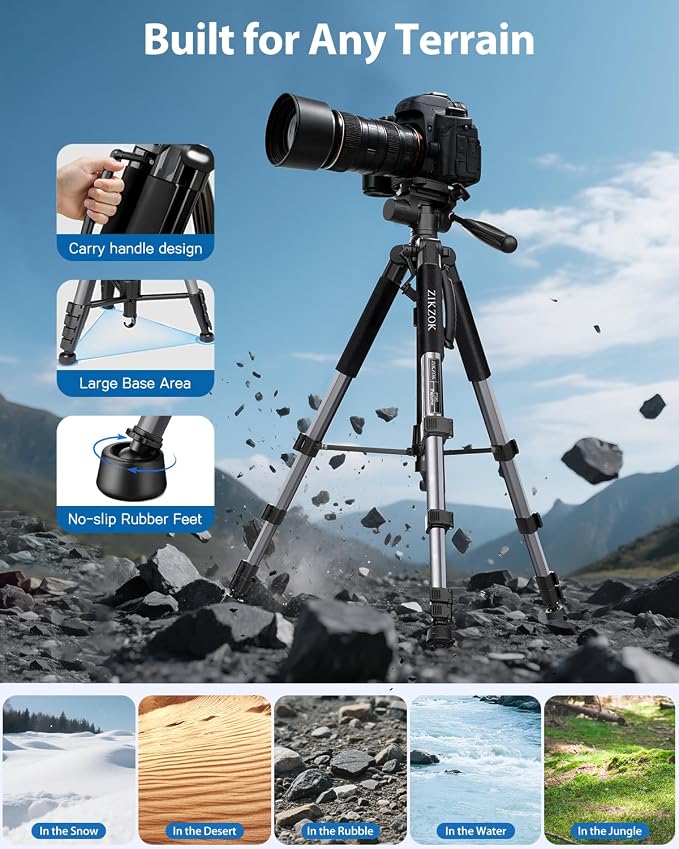 75" Camera Tripod Stand, Heavy Duty with Remote for DSLR iPad iPhone | Aluminum Tripod 20% taller, Foldable 2.9lb, Remote & Carry Bag, 15lb Load, for Sony Canon Nikon Phone Tablet Spotting Scope - Image 6