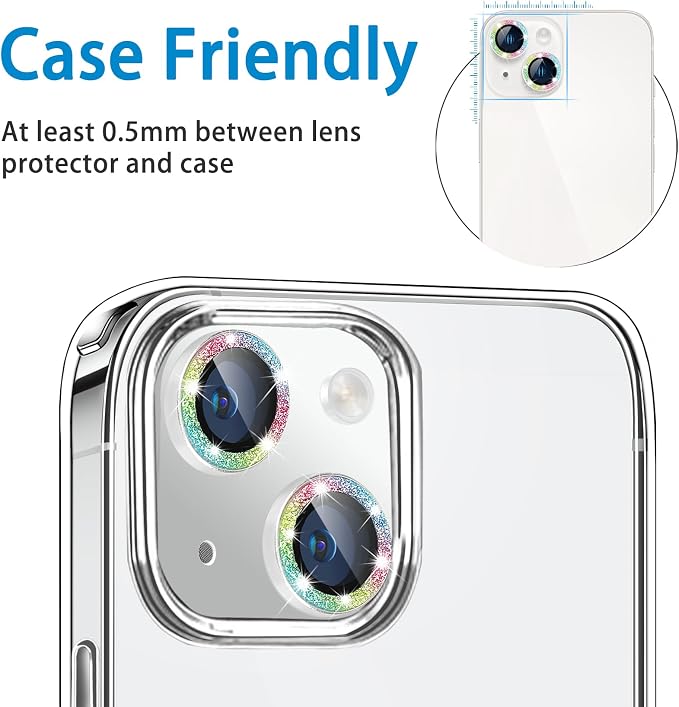 for iPhone 13 Mini & iPhone 13 Camera Lens Protector, Bling Glitter 9H Tempered Glass Camera Cover Anti Scratch Shockproof Screen Protector Individual Ring - 2Pcs Glitter Colorful - Image 2