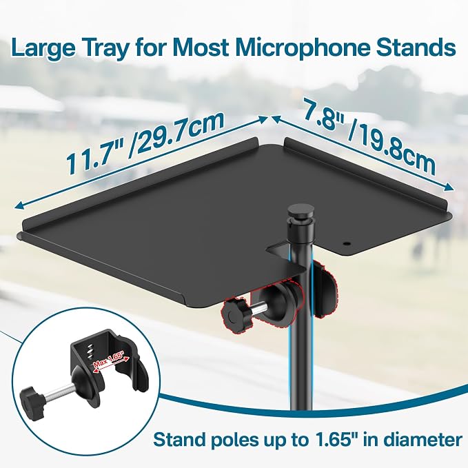 Metal Microphone Stand Tray with Mic Stand Phone Holder - 11.7" x 7.8" Functional Large Mic Stand Tray Shelf for Studio, Concert, Karaoke Clamp on Music Stand Shlef Attachment - Image 2