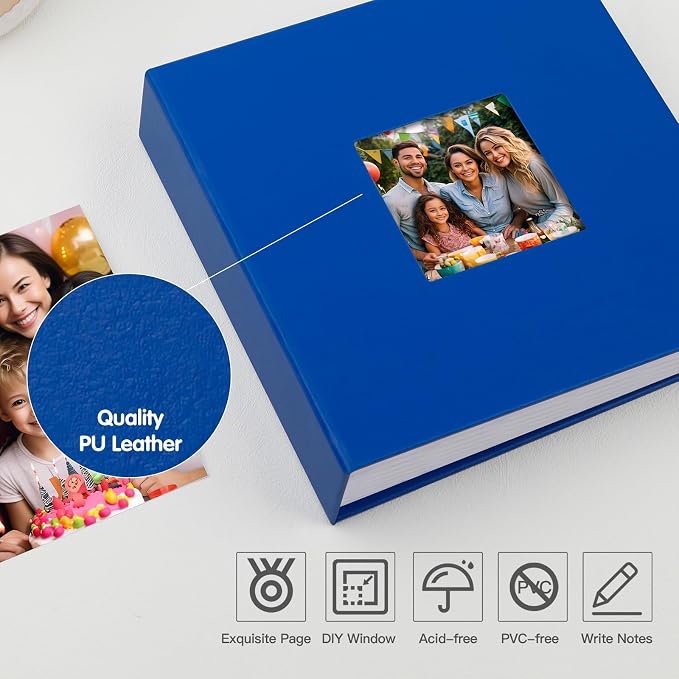 4x6 Photo Album Holds 240 Photos Writing Space, PU Leather, Blue | Clear Acid-Free Sleeves, Memo Writing Areas, Front Display Window, Baby, Wedding, Travel & Family Picture Keepsakes - Image 5