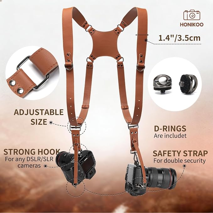 Dual Camera Harness Leather Camera Straps for Photographers for DSLR/SLR | Camera Holster Camera Harness for Photographers Leather Harness Camera Belt Spider Holster Camera Belt Camera Neck Strap - Image 3