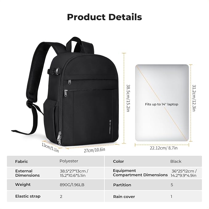 K&F CONCEPT Camera Backpack, Lightweight Camera Bag with Tripod Holder | Professional Bag for DSLR/SLR Mirrorless, with 14in Laptop Compartment & Rain Cover, Men & Women, for Sony Canon Nikon, B19 - Image 8