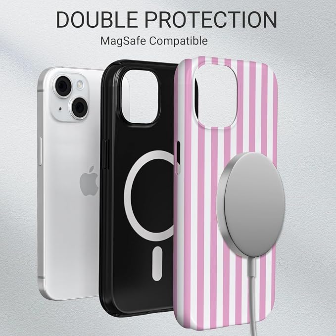 TPU Phone Case for iPhone 13, MagSafe Wireless Charging Compatible, Shockproof Slim Fit Protective Cover with Anti-Yellowing & Raised Camera Protection (Pink Stripe, iPhone 13) - Image 6