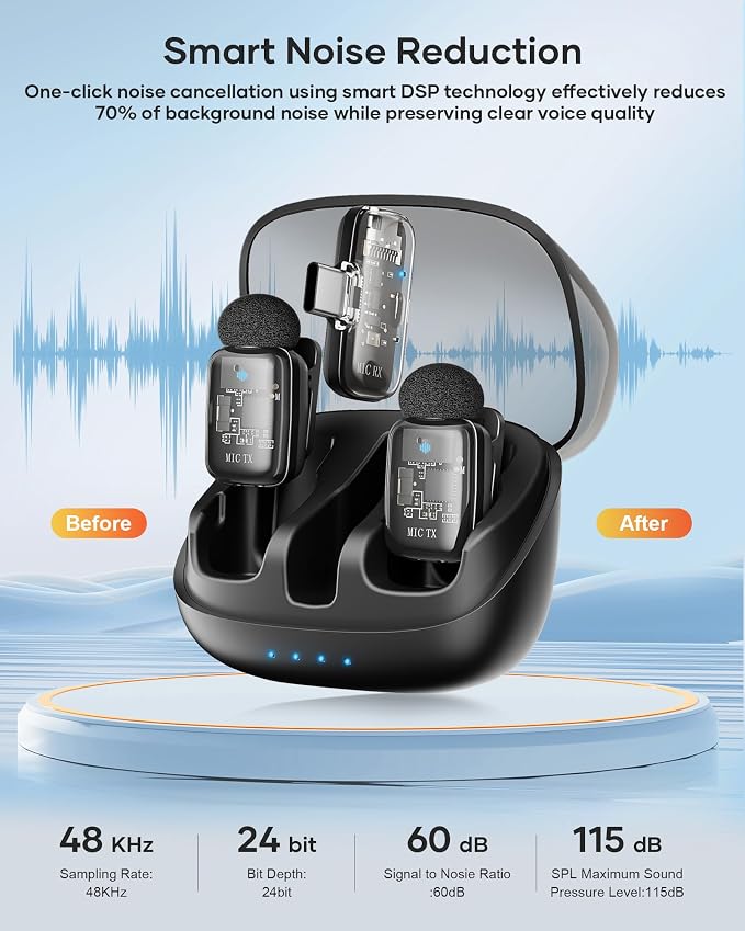 Mini 2 Wireless Lavalier Microphones for iPhone 15/16/17 & Android, 3-Level Noise Reduction, Plug & Play, 36H Battery with Charging Case, Wireless Lapel Mic for Video Recording, Vlogging - Image 7