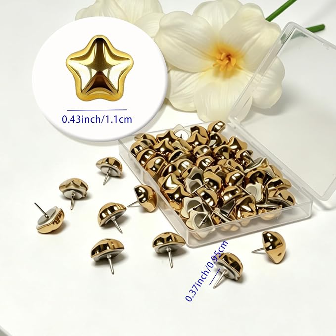 50 PCS Gold Star Push Pins, Thumb Tacks for Bulletin Boar, Cute Decorative Thumbtacks for Cork Board Bulletin Board, Photos Wall Maps, Picture Hanging and Other Offices Schools Decoration. - Image 3