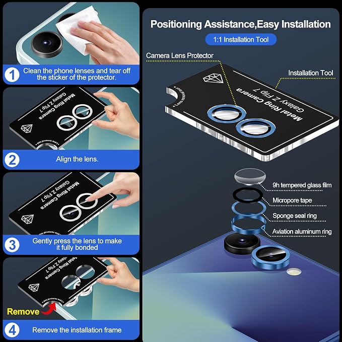 for Samsung Galaxy Z Flip 7 Camera Lens Protector, Individual Metal Ring Tempered Glass Lens Cover, [Strong Adsorption] Scratch Resistant Ultra-Thin HD Clear Lens Cover, 1 Set-Blue Shadow - Image 6