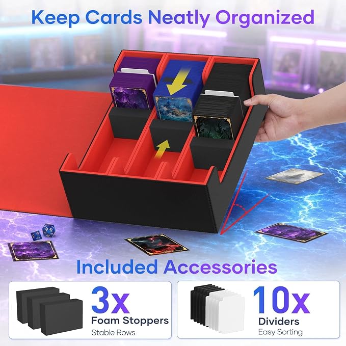Mlikero Trading Card Storage Box, Bulk Card Storage for 1800+ Sleeved Cards, PU Leather Magnetic Closure Card Organizer with 10 Dividers & 3 Foam Stoppers, Fit for MTG, TCG and Sports Cards (Red) - Image 4