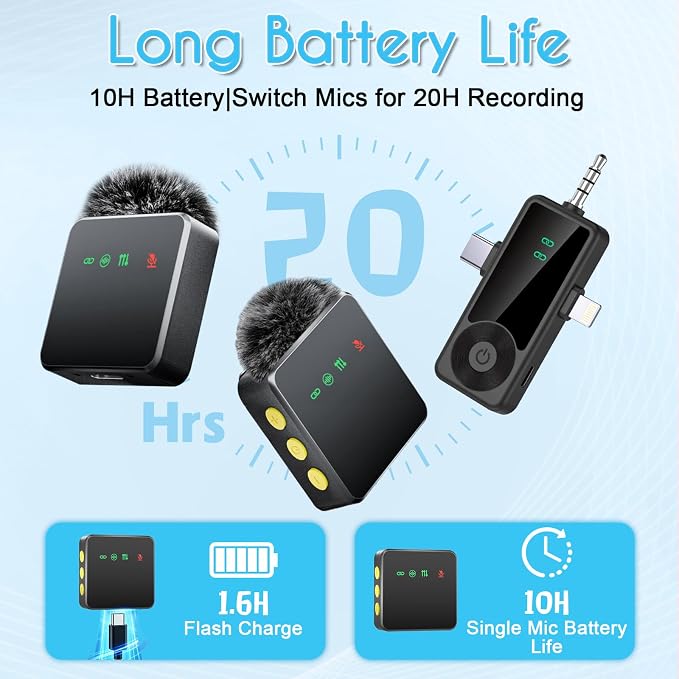 Mini Wireless Microphone for iPhone/Android/Camera, Noise Reduction | 3-in-1 Receiver, 2-Pack 20-Hour Battery Life Mini Lavalier Mics for Podcast, Content Creators, Recording, Vlogging, Streaming - Image 5