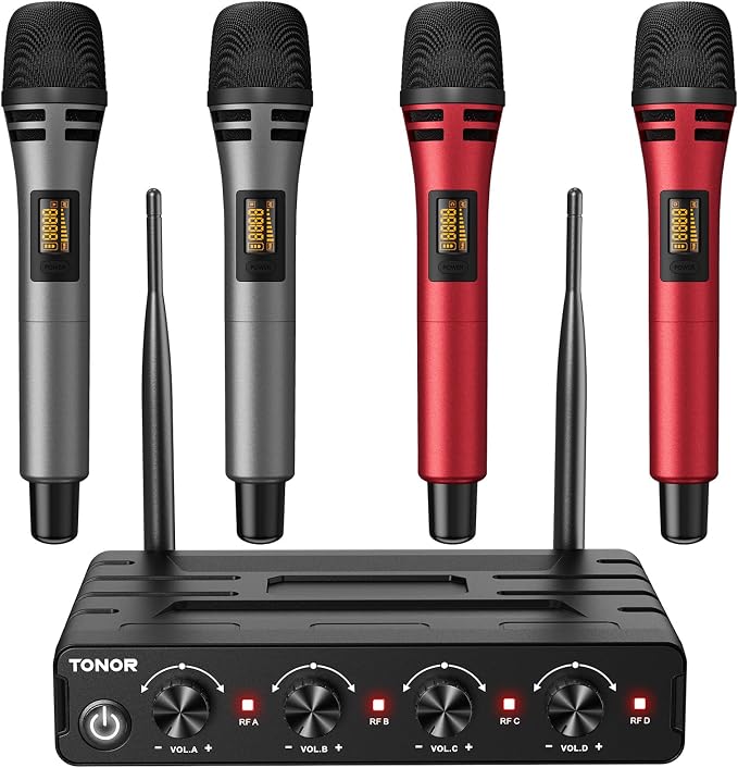 TONOR Wireless Microphones System, Handheld Microfono Inalambrico, Red | 4x10 Channels Cordless Mics, 60 m/200FT UHF Range with Stable Signal Transmission for Karaoke Singing Party Church Wedding by TONOR