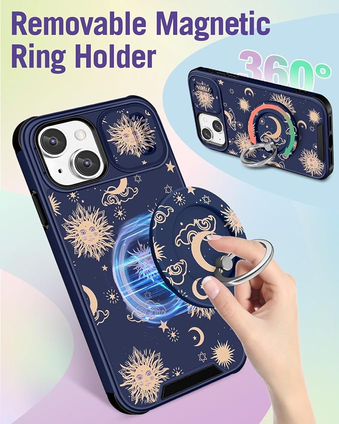 Buleens for iPhone 13 Case 6.1 Inch - with Ring Stand & Camera Cover Aesthetic Cute Designed for Women Girls Sun Moon Stars for Phone Case for iPhone 13 Compatible with Magsafe - Image 5