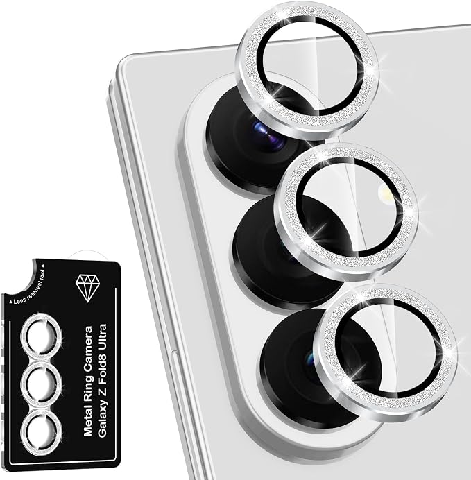 for Samsung Galaxy Z Fold 8 Ultra Camera Lens Protector, Individual Metal Ring Tempered Glass Lens Cover, [Strong Adsorption] Scratch Resistant Ultra-Thin HD Clear Lens Cover, 1 Set-Silvery Sparkly by Btscase