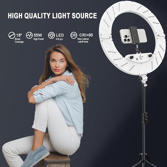 Ring Light Kit:18"/45cm Outer 55W6700k Dimmable LED Light, Tripod Stand, Remote Controller,Box for Camera,Smartphone,YouTube,TikTok,Self-Portrait Shooting,CRI95,White - Image 2