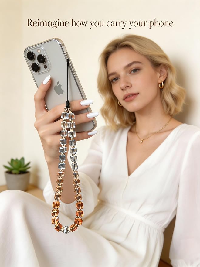 2 Pcs Phone Charm Strap Hand Wrist Strap Camera Lanyard Pearl Beaded Cute Chain String Accessories Universal for iPhone 17 Pro Max 16 15 14 for Samsung Women Girls Keychain Bag Autumn Crystal and Star - Image 2