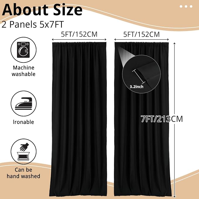 10x7FT Black Backdrop Curtains for Parties, 5x7FT 2 Panels | Wrinkle Resistant Fabric Drapes for Photography Birthday Wedding Halloween Background Decorations Easy Hang Multipurpose Use - Image 3