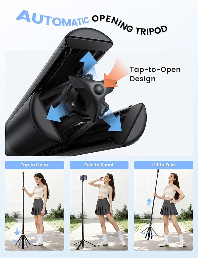 Lamicall 65" Tripod for iPhone 0.77lb Selfie Stick with Remote & Cold Shoe | Auto Open Phone Tripod Ultra-Stable Phone Stand for Recording for Travel Live Stream Vlog fit iPhone 17 Pro Max Android-Black - Image 2