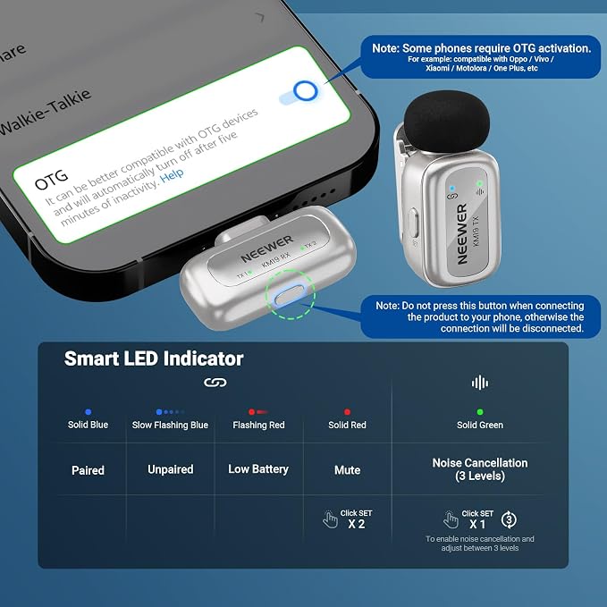 NEEWER KM19 Wireless Lapel Microphone Compatible with iPhone 17 16, Silver | Compatible with iPhone Android & PC, Mini Lav Mic, App Control, 3 Level Noise Cancelling, 30H Battery, 100m, Video Recording - Image 10