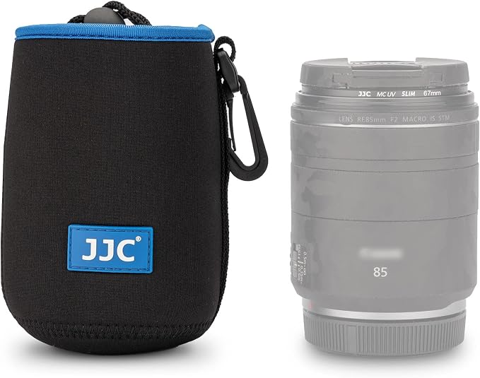 JJC Neoprene Camera Lens Pouch Case, Drawstring Bag for Lens up to 3.3x5.1" | Water-Resistant, Soft Padded, with Carabiner, Compatible with Canon RF 85mm, EF-S 18-135mm, Sony E 18-105mm, E 55-210mm by JJC