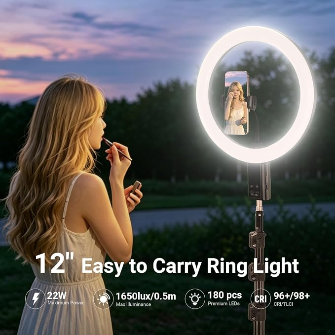 NEEWER 12" Selfie Ring Light with App Control/Remote/Tripod Stand, 3200mAh LED Bi Color CRI95 2900K-7000K Ringlight Circle Lighting Compatible with iPhone Vlog Makeup Studio Video Recording, RB12B - Image 2