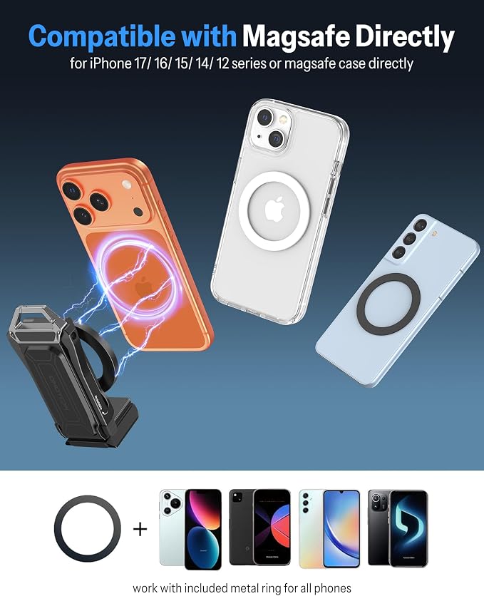 OMOTON TP02-Pro 5 in 1 Magnetic Phone Holder for Vlogging Essentials, Black | Arca-type Base with a 1/4" Screw Hole, Selfie Stick with Rear Attachment Plate, for iPhone 12-17 Series, Gym Kitchen Travel - Image 9