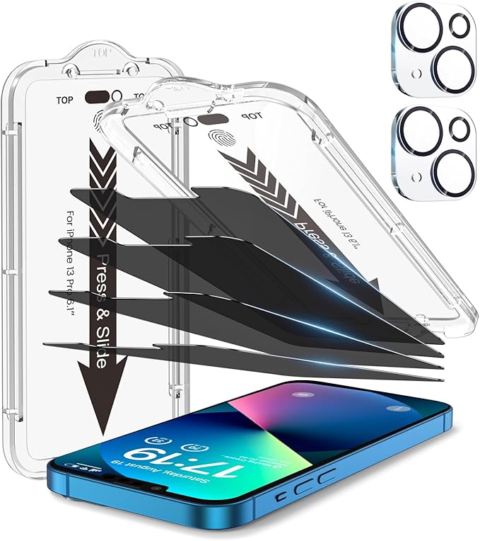 EZ-GLAZ-4+2 Pack for iPhone 13 Privacy Screen Protector (6.1") | 2-Pack Lens Protectors, Alignment Kit, Easy Installation, 9H+ Tempered Glass, Scratch Resistant, 28° Privacy Protection by EZ-GLAZ